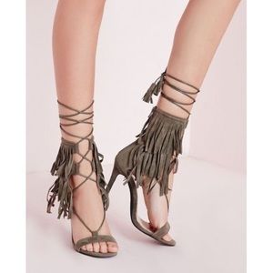 Khaki/Olive Fringe Strap Barely There Sandals